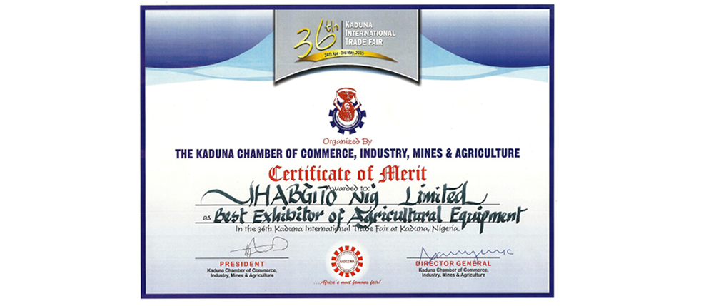 Certificate of Merit presented to Habgito as Best Exhibitor of Agricultural Equipment