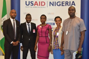 A group photograph of participants of the program. From the left to the right: Jahiel Oliver (Founder and CEO, Hello Tractor), Waheed Oni (Project Lead, IITA Youth Agriprenuers), Teemitope Samuel-Odu (Zonal Agribusiness Manager, Union Bank), Martha Haile (Chief Impact Officer, Hello Tractor), and Unula Nwuche (Managing Director, Habgito Nigeria Limited).